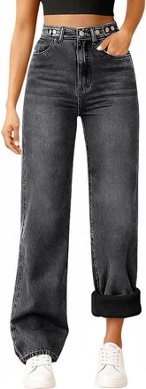 Generic Womens Fleece Lined Jeans for Women UK Straight Leg High Waisted Straight Leg Jeans Winter Thermal Fleece Lined Jean Pants Thick Warm Denim Sweatpants