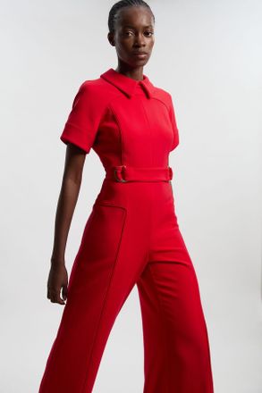 Karen Millen Womens Compact Stretch Tipped Tab Detail Tailored Jumpsuit - Red - Size 12 UK