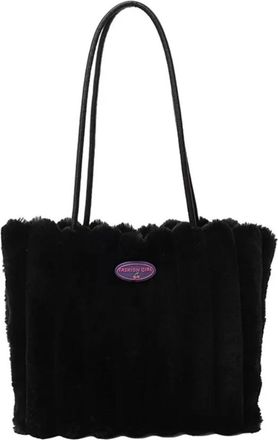 Generic Womens Plush Bags Casual Stripe Furry Tote Bag Portable Large Capacity Plush Shoulder Magnetic Button Solid Color Commuting Handbag Women(Black)