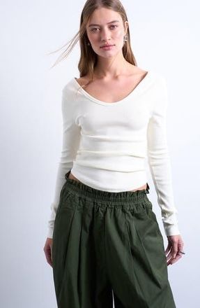 Topshop Double V-Neck Long Sleeve Stretch Cotton Rib Top in Cream at Nordstrom Rack, Size X-Small