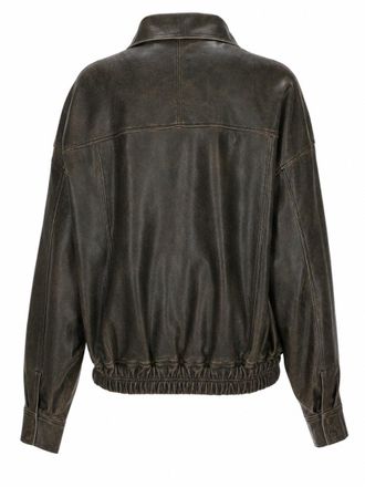 Alysi Distressed Leather Bomber Jacket - Brown