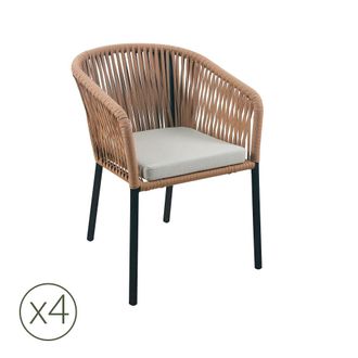 Kerama Pack de 4 sillas de jardin de aluminio negro y cuerda con coj&iacute;n