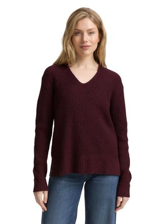 Tom Tailor Strickpullover TOM TAILOR, Damen, Gr. XXL, rot (dunkelrot melange), Rippstrick, Obermaterial: 55% Baumwolle, 25% Polyacryl, 20% Polyester, Strukturmus