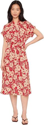 Lauren Ralph Lauren Petite Floral Belted Crepe Dress Womens Dress Red/Tan : 14P, Elastane/Polyester
