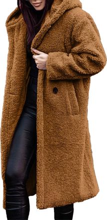 Generic Women Winter Hooded Fuzzy Fleece Coat Teddy Bear Long Faux Fur Coats Solid Color Button Down Open Front Outwear (UK, Alpha, S, Regular, Regular, Brown