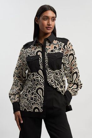 Karen Millen Cutwork Detail Long Sleeve Shirt in Mono at Nordstrom, Size 4