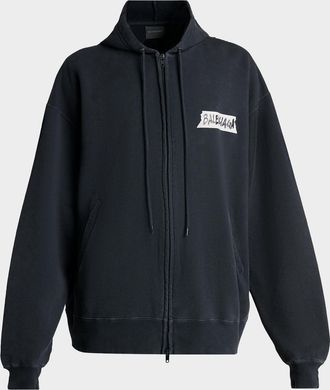 Balenciaga Men & apos;s Masking Tape Oversized-Fit Faded Fleece Full-Zip Hoodie