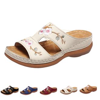 Generic Summer Slippers Women Slip on Sandals for Women UK Womens Orthopedic Shoes Comfy Sliders Summer Flat Leather Sandals Embroidery Flower Low Wedge Open 