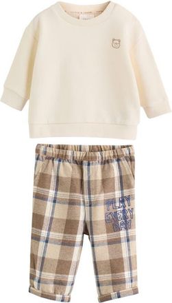 Next Embroidered Sweatshirt & Check Pants Set in Neutral at Nordstrom, Size 0-3M