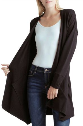 Kensie Long Sleeve Draped Fleece Knit Jacket With Pockets In Black
