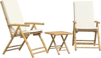 vidaXL 3 Piece Folding Bistro set with Cream White Cushions Bamboo Vidaxl