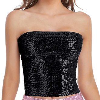 Generic Fashion Mardi Holiday Womens Sparkling Sequins Stretch Clubwear Tube Top Simple Top (Black, One Size)