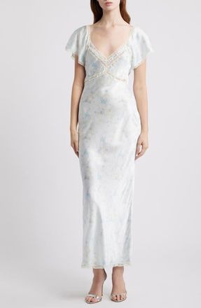LoveShackFancy Eline Floral Print Lace Trim Silk Maxi Dress in Snowdrop Blue at Nordstrom, Size X-Large