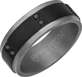 Triton 8MM Tantalum Ring with Vertical Channel Set Black Sapphires and Flat Edge in Metallic Silver at Nordstrom, Size 10.5