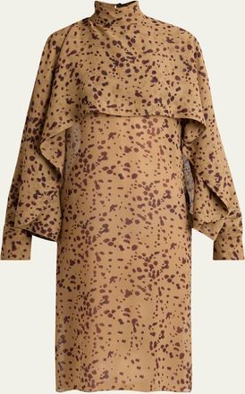 Ferragamo Orchid Print Silk Cape Midi Dress
