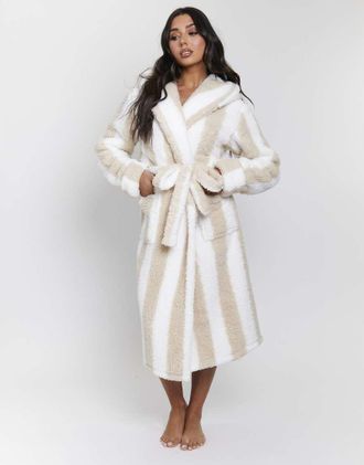 Loungeable Vestaglia in pile borg color visone a righe spessa taglio midi con cappuccio-Marrone