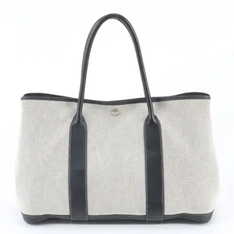 Herm&egrave;s Beige Black Leather Canvas Handbag Shoulder Bag Tote Bag (Pre-Owned)