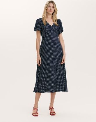 Finery Saskia Polka Dot Midi Tea Dress in Navy Spot at Nordstrom, Size 12
