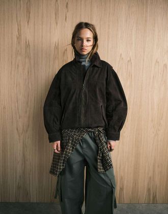 Asos Bomber harrington in vero camoscio color cioccolato scuro-Nero