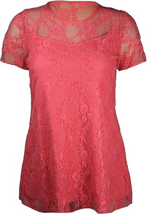 Purple Hanger New Womens Floral Lace Short Sleeve Ladies Flower Lined Patterned Stretch T-Shirt Tunic Party Top Plus Size Coral Size 22-24