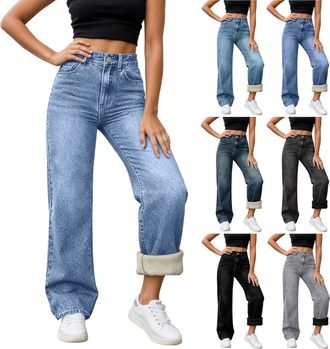 Generic Fleece Lined Trousers Women Plus Size - Jeans for Women UK High Waist Straight Leg Ladies Jeans Winter Warm Loose Fit Pull On Trendy Denim Pants Stret