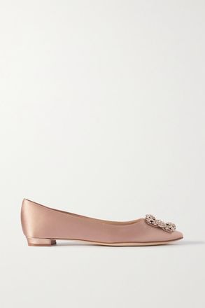 Manolo Blahnik Ballerine A Punta In Raso Con Cristalli Hangisi - Neutri