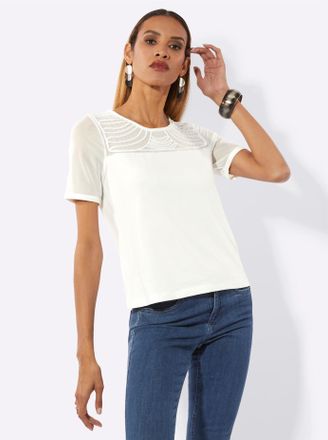 Cr&eacute;ation L Kurzarmshirt CREATION L Mesh-Shirt, Damen, Gr. 36, ecru, 95% Polyester, 5% Elasthan, unifarben, Rundhals, Shirts Kurzarmshirt