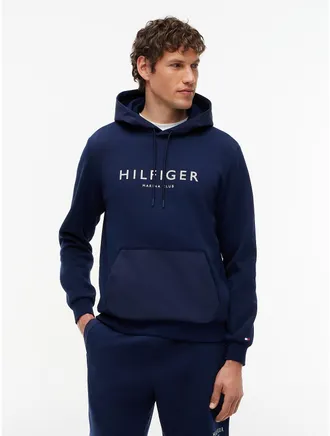 Tommy Hilfiger Mens Marina Club Logo Mixed-Media Hoodie - Light Navy - XXL