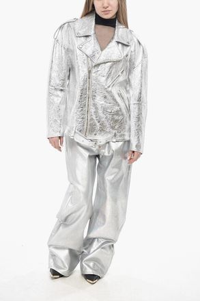 Halfboy Oversized Lam&eacute; Leather Biker Jacket HALFBOY