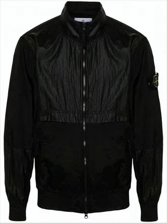 Stone Island Black High-Collar Jacket With Textured Panels