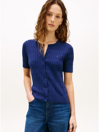 Tommy Hilfiger Womens Short-Sleeve Cable Knit Cardigan - Navy - XXL