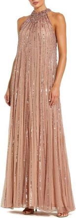 Mac Duggal Sleeveless Halter Neck Mesh Sequin Trapeze Gown in Antique Rose at Nordstrom, Size 16