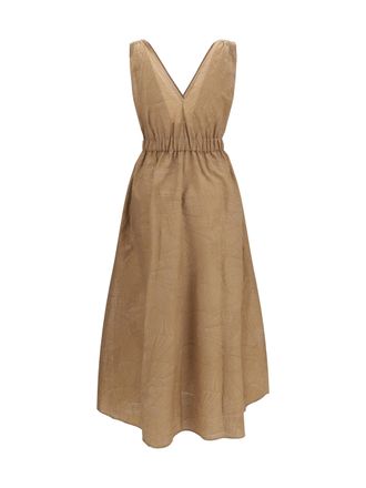 Brunello Cucinelli Womens Midi Dress With Floral Motif Legno Cotton; Polyamide