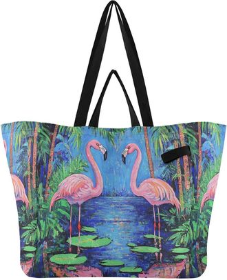 Generic Flamingo Palm Blue print Reusable Canvas Tote Bag, Heavy Duty Grocery Shopping Bag with Double Handles Large Capacity Hard Bottom Work Groceries Trave
