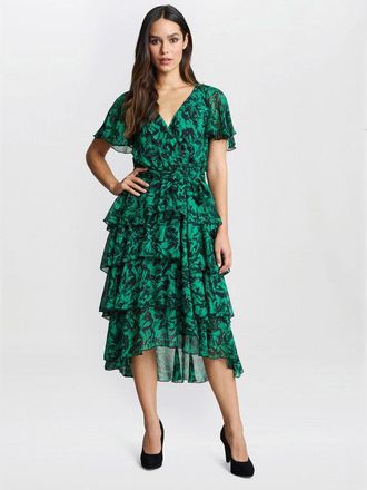 Gina Bacconi Womens Lottie Elastic Waist Tiered Dress - Green - Size 14 UK