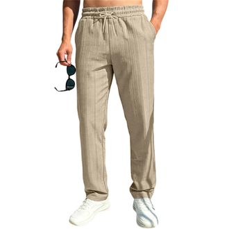 Generic Linen Trousers Mens, Mens Casual Wide Leg Drawstring Elasticated Waist Trousers with Pockets Linen Pants Men Loose Fit Jogging Bottoms Comfortable Lig