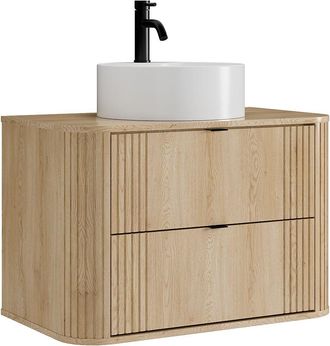 Vente-Unique Mueble de ba&ntilde;o suspendido con lavabo redondo sobre encimera y grifo - Natural claro - 80 cm - FILOR