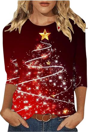Generic Womens Christmas Shirts UK 2025 Fashion Xmas Tree Snowflake Santa Printed Tops Fall Casual 3/4 Length Sleeve Crew Neck Tunic Top Dressy Lightweight Go