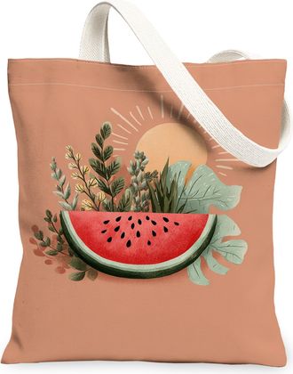 Generic Summer Watermelon Canvas Tote Bags, Nature Inspired Plant Design Reusable Grocery Bags, Lightweight Washable Shoulder Strap, Peach, 13x15 Inch