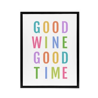 Artery8 Good Wine Good Time Colourful Fun Cheeky Black Framed Canvas Art Print in White | Size: W24 x H32