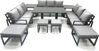 Fimous Fimous 13 Seater Garden Sofa Set Aluminium Furniture Rising Dining Tabe Set with 2 Side Tables 4 Footstools Dark Grey