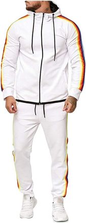 LaoZan Men Sportwear Tracksuit Set 2Pcs Running Fitness Zipper Hooded Jacket + Casual Sports Pants Bottom Trousers (White 1, Asia 5XL)