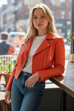 Infinity Leather Womens Cropped Brando Orange Leather Biker Jacket-Durban