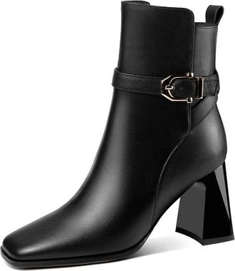 TinaCus Handmade Womens Genuine Leather Ankle Strap Side Zipper Square Toe High Block Heel Short Boots Shoes, Black, 7.5 UK