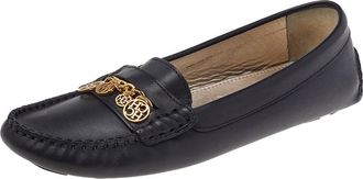Carolina Herrera Black Leather Logo Charm Detail Slip On Loafers