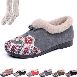 Generic Dritnow Boots, Womens Warm Floral Embroidered Winter Shoes, Cozy, Lightweight & Non-Slip Everyday Shoes for Women (Gray,8.5)