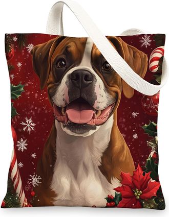 Generic Christmas Boxer Dog Canvas Tote Bag for Shopping 13x15, Xmas Candy Poinsettia Puppy Reusable Grocery Print Bag for Women, Holiday Pet Beach Aesthetic 