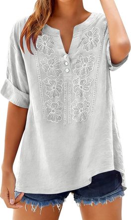 Generic Womens Embroidered Cotton Linen Gauze Blouse - Summer 3/4 Sleeve Boho Floral Detail Dressy Casual Loose Tunic Top(1B-White, L)