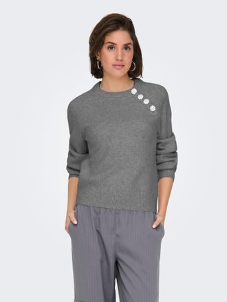 Only Strickpullover ONLY ONLLAUREN LIFE LS O-NECK BUTTON KNT, Damen, Gr. XL, medium grau melange, Strick, Obermaterial: 50% Polyacryl, 50% Polyester, melie