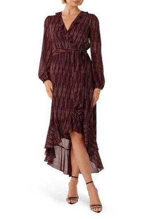 Ever New Print Ruffle Tie Waist High-Low Maxi Dress in Berry Lurex at Nordstrom Rack, Size 2